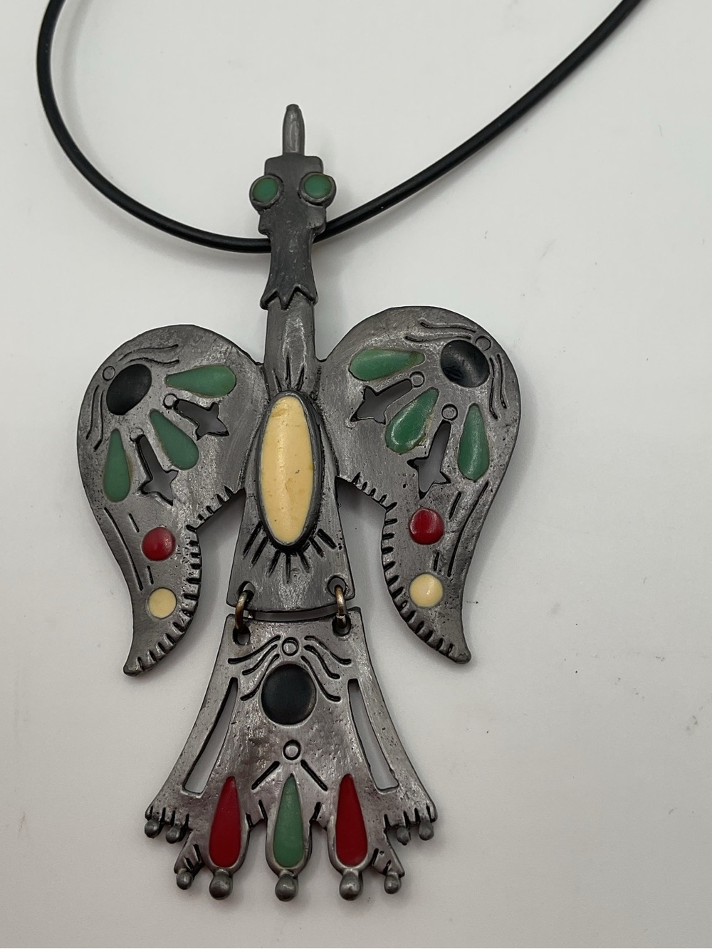 Vintage Native American Style Phoenix Bird Pewter Enamel Pendant Necklace